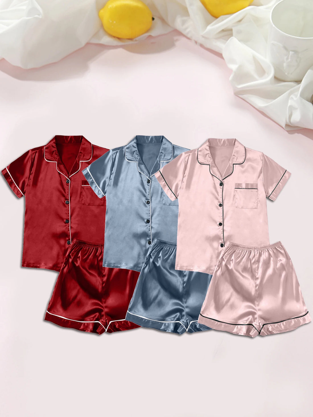 Women’s Ice Silk Short-Sleeve Pajama Set – 3 Pieces